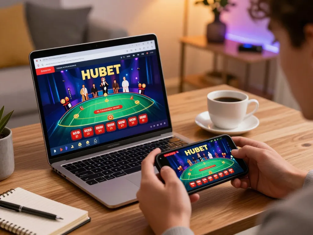 Engaging gaming experience at HUBET casino on laptop and smartphone in a cozy home setup.