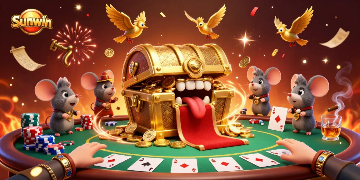 Win big with Sunwin's exciting online casino games, featuring a vibrant 3D illustration of a treasure chest