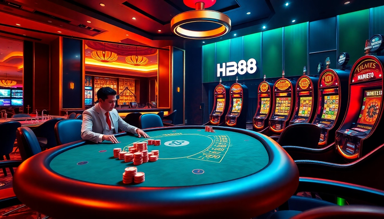 HB88 players enjoying a live poker game amidst a luxurious casino setting.
