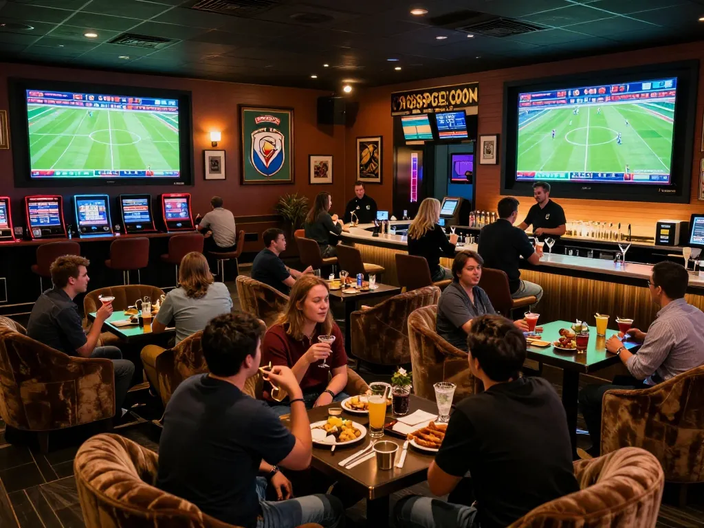 Engaged bettors analyzing tỷ lệ bóng đá at a lively sports betting lounge with large screens showing live matches.