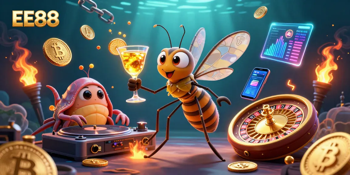 Engage with EE88 in an animated casino scene featuring vibrant characters and dynamic crypto elements.