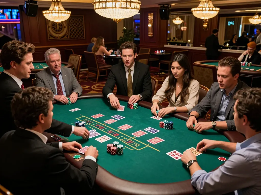 Players engaging in an intense sc88 blackjack game at a vibrant Vegas casino with chips and cards on the table.