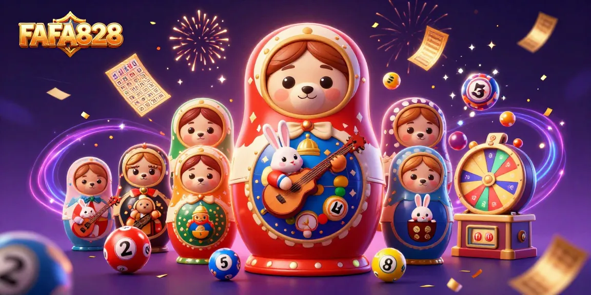 FAFA828 features a vibrant casino scene with a Matryoshka bear, lottery balls, and dynamic game elements.