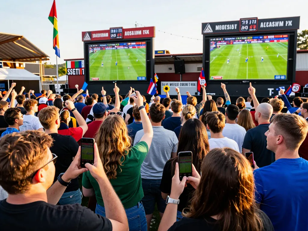 Fans cheering while placing football bets at a lively outdoor sports venue during a match.