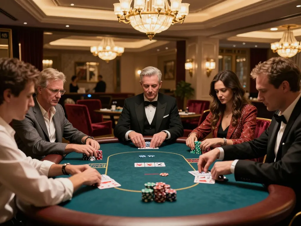 Intense poker gameplay at high-roller room in x88 casino, surrounded by sophisticated decor.
