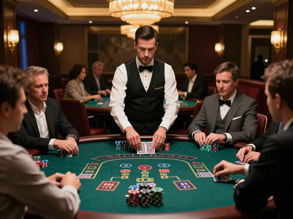 Players at a BL555 blackjack table strategizing their next moves in an upscale casino setting.