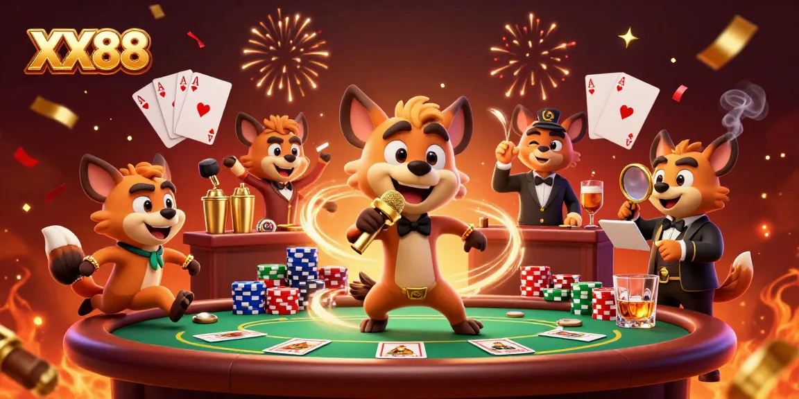 Join the fun at XX88 casino with lively hyenas in a vibrant comedy club!