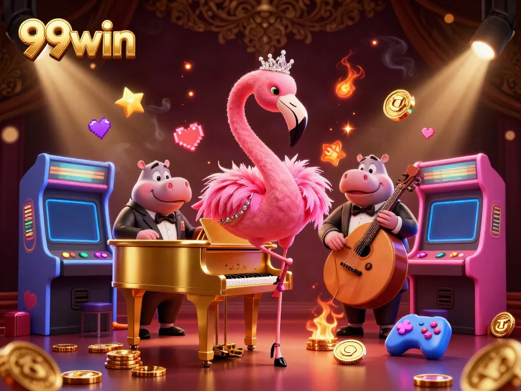 Experience vibrant gaming action with 99win's lively casino atmosphere featuring engaging characters and retro elements.