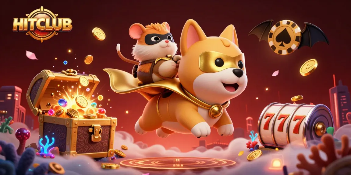 Engage with HITCLUB's thrilling casino scene featuring a superhero dog, gold coins, and slot reels.