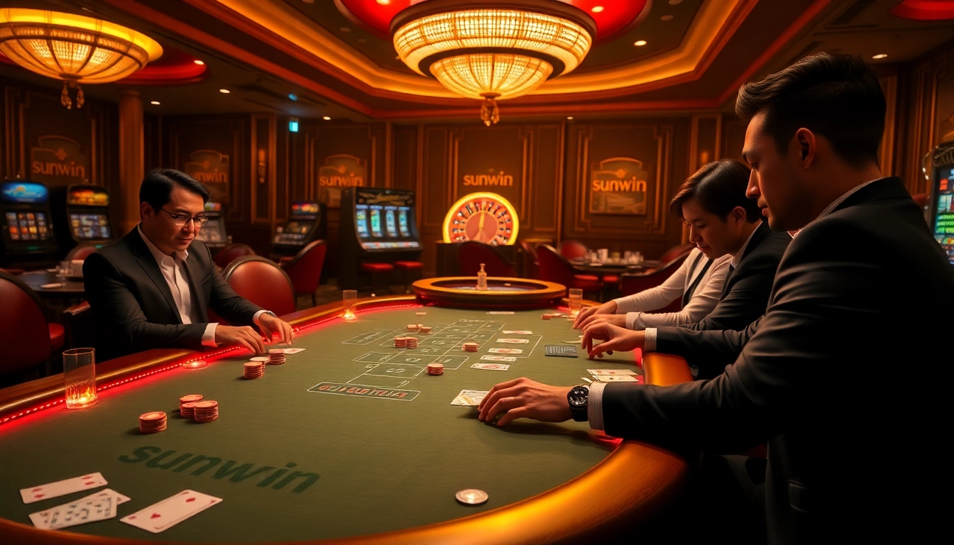 Players strategizing at a sunwin poker table, surrounded by vibrant casino elements.