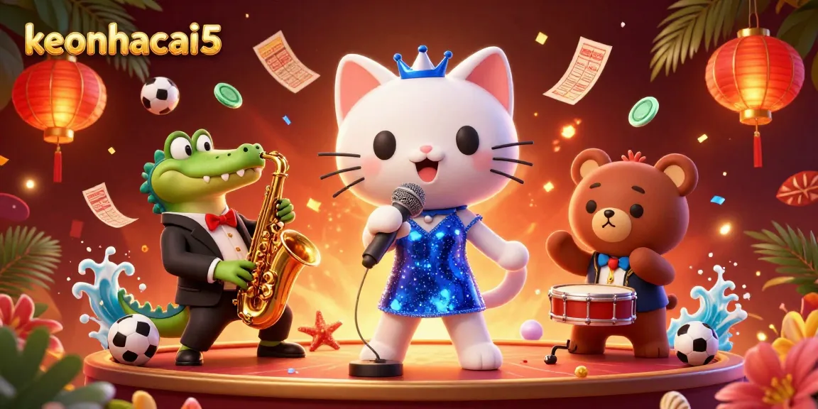 Engage with keonhacai5 in a lively casino scene featuring a singing cat, a saxophonist crocodile, and a drum-playing bear.