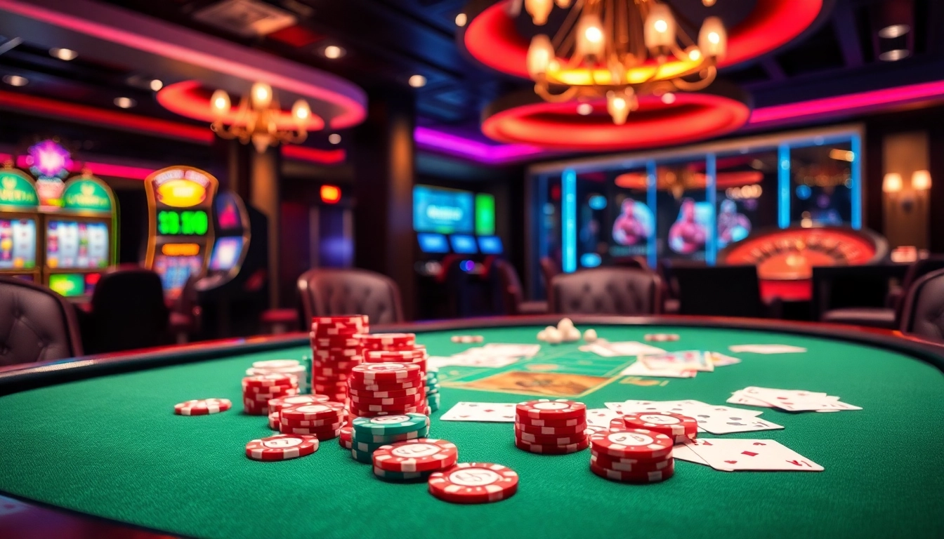Experience the thrill of kim88 poker with vibrant chips and elegant cards at a luxurious casino.