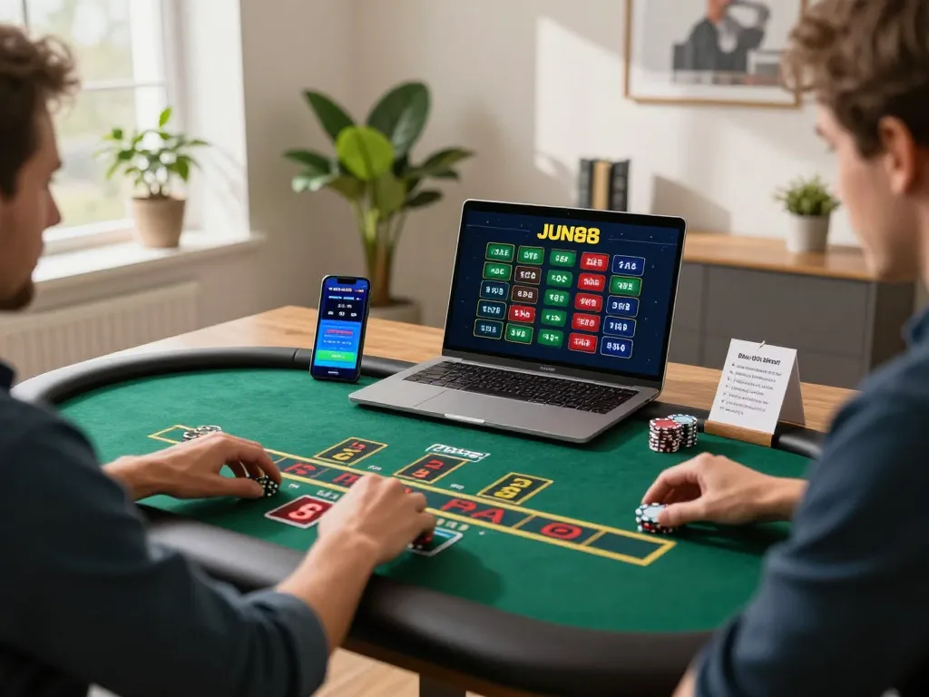 Player engaging in a live dealer game on JUN88 app in a bright home office