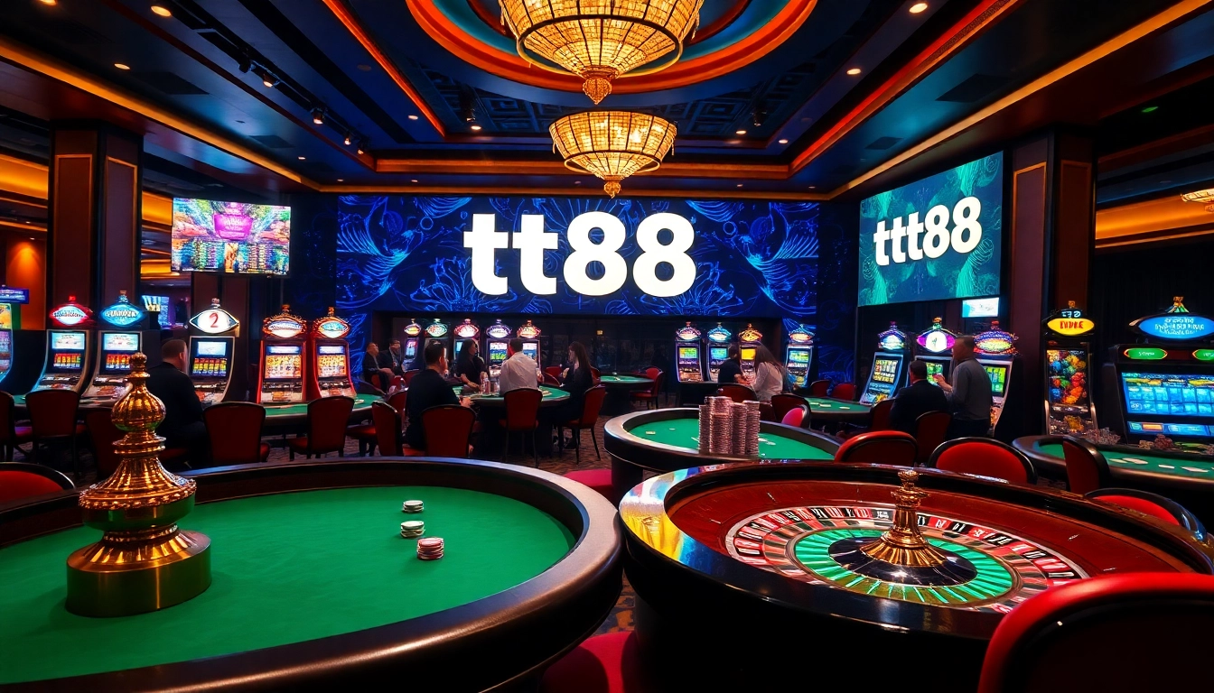 Players enjoying captivating games at a luxurious casino featuring tt88 slot machines and roulette wheels.