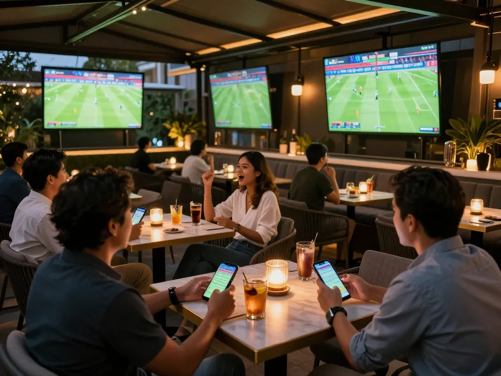 Kèo nhà cái options featured on mobile devices as patrons cheer for their favorite teams in a sports bar setting
