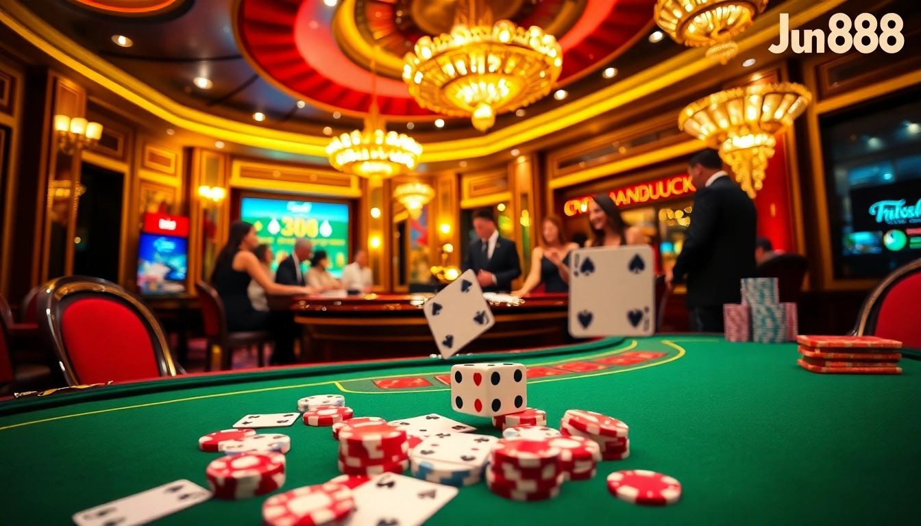 Jun88 players enjoying thrilling games at a luxury casino table.