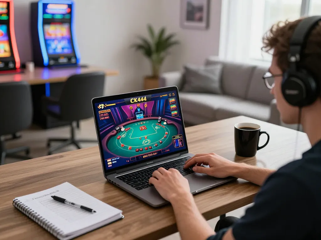 Enjoying interactive casino games on https://ck444s.net/ laptop at home, showcasing a strategic gaming environment.