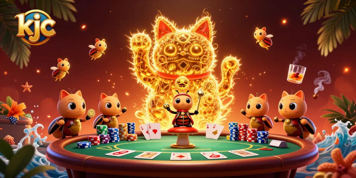 Play and win with KJC in a vibrant fantasy casino scene filled with poker chips, cards, and a lucky cat.