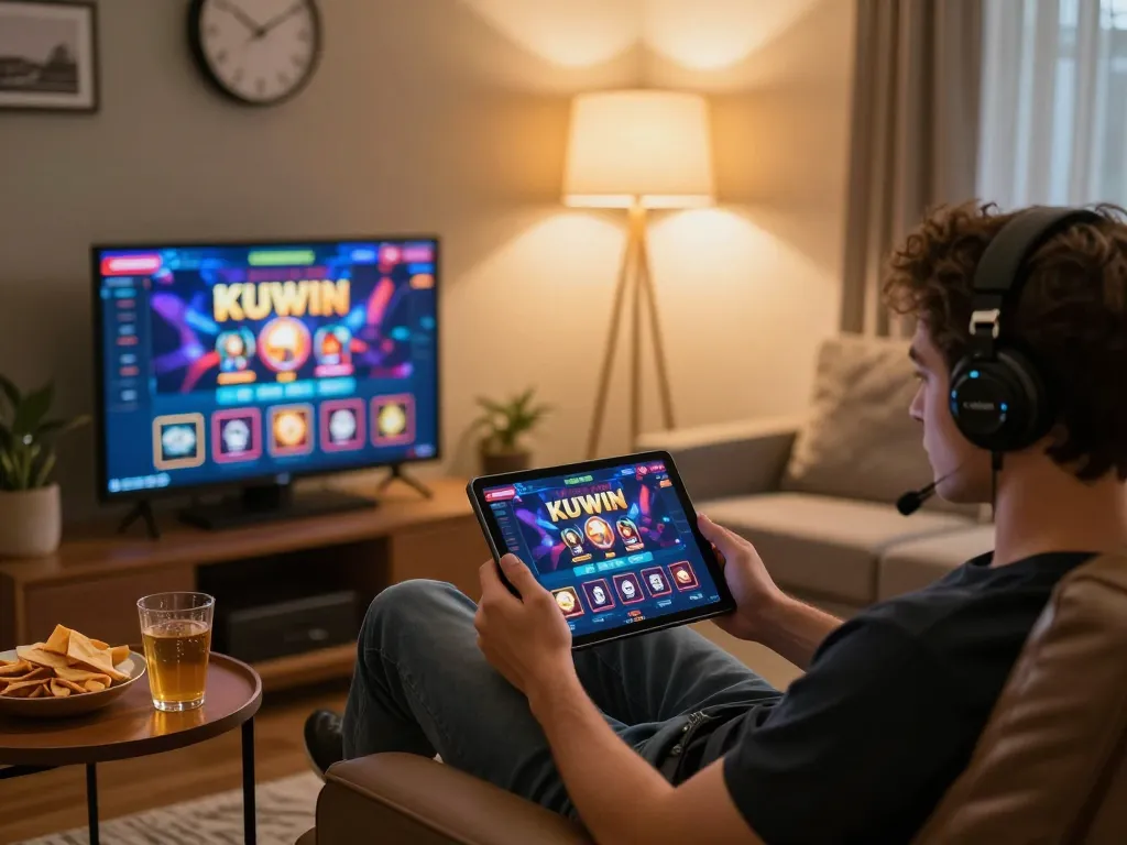 Engaged player using KUWIN app on tablet, enjoying online casino gaming in a cozy setting