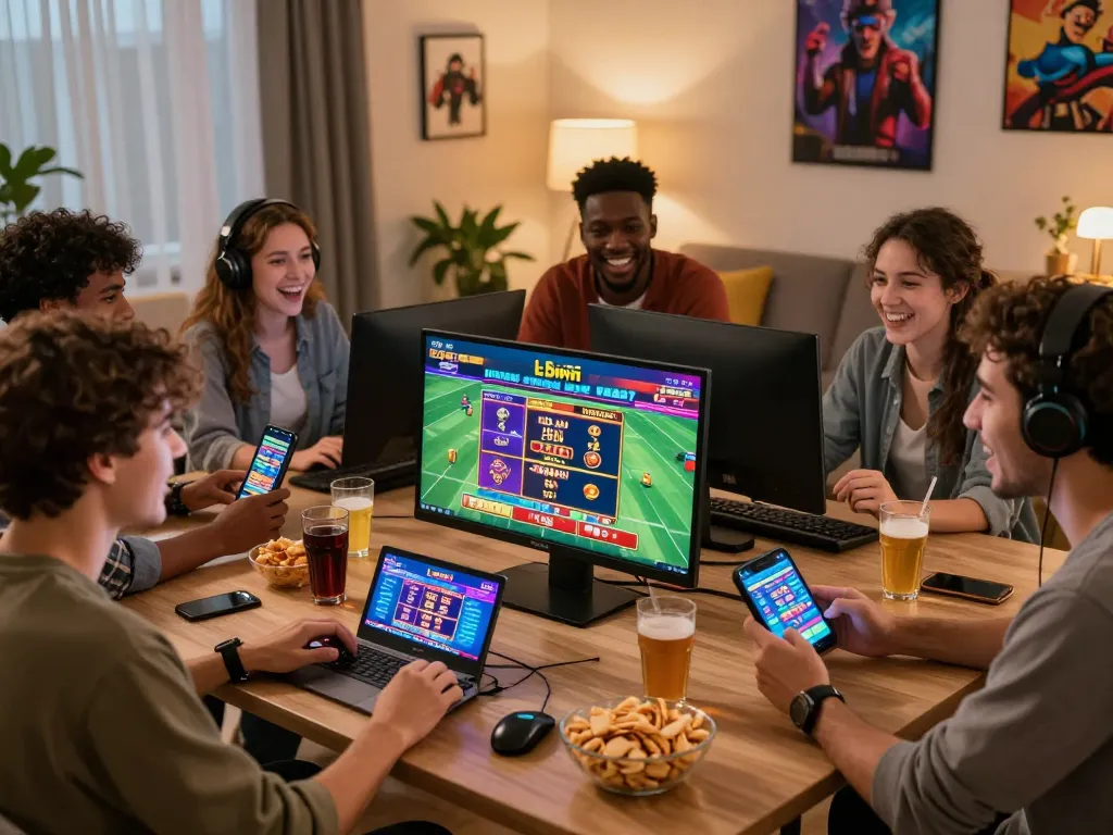 Luckywin gaming experience with friends enjoying live sports betting and casino games.