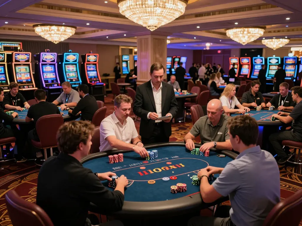 Players enjoying exciting games at dn 88 casino, vibrant atmosphere with poker tables and slot machines visible.