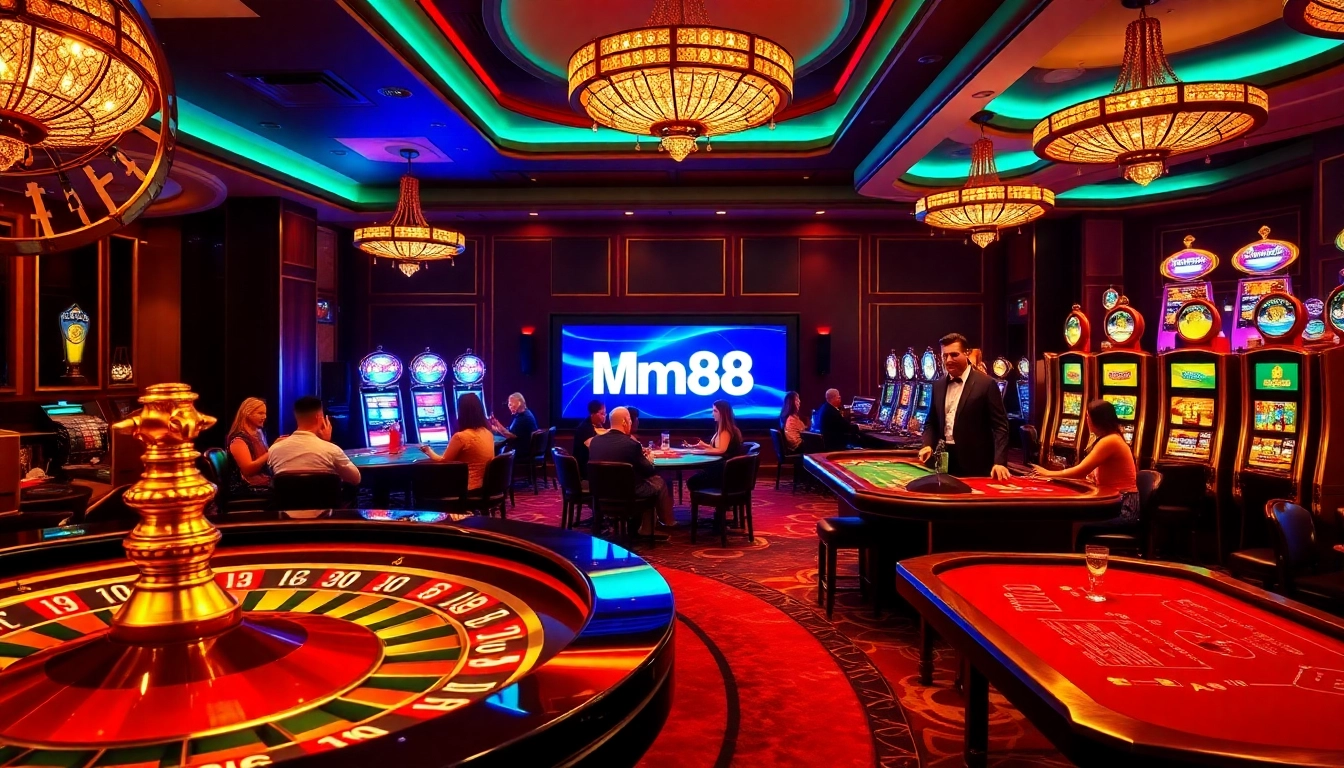 Engage in high-stakes games at Mm88 casino featuring vibrant roulette wheels and colorful chip stacks.