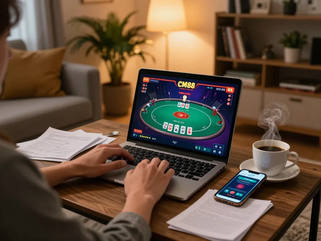 Engaging in CM88 online poker strategy shown in a cozy home gaming scene with laptop and notes