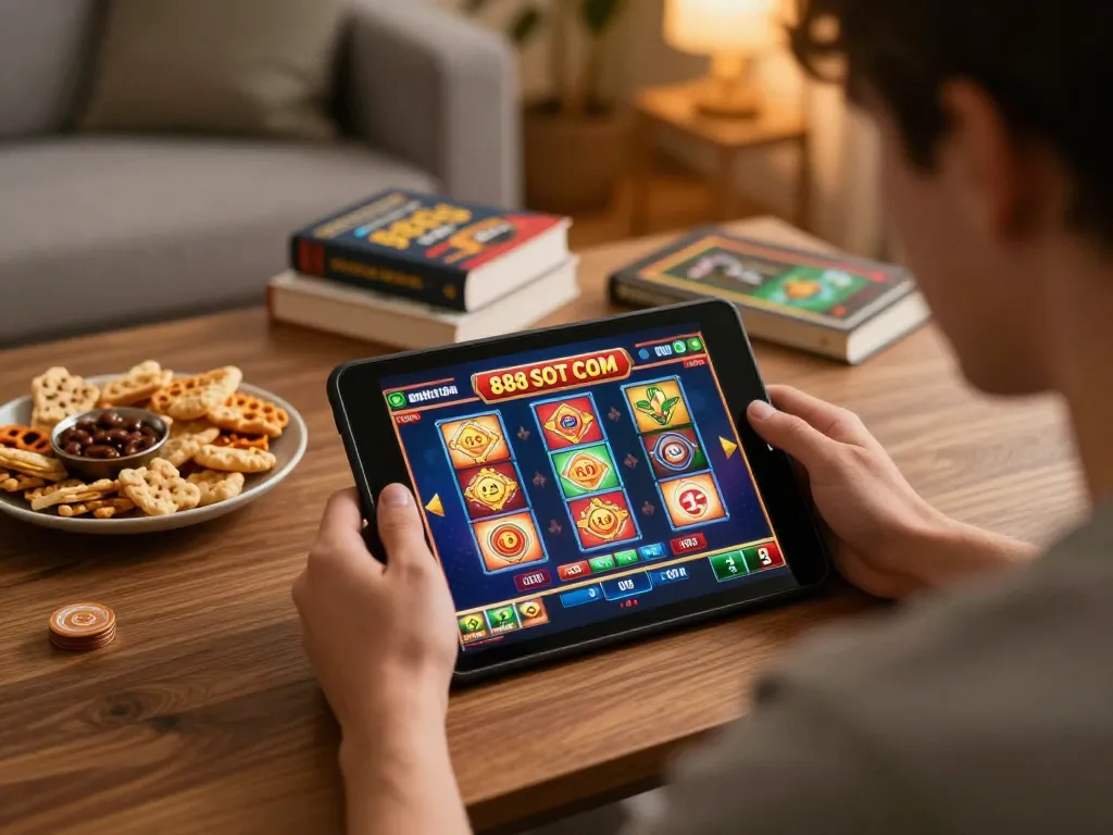 Engaging player enjoying 888slot com on a tablet in a cozy gaming setup, strategic atmosphere
