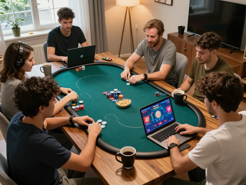 Exciting home poker night scene featuring rr99 players engaged in strategic gameplay with laptops and drinks