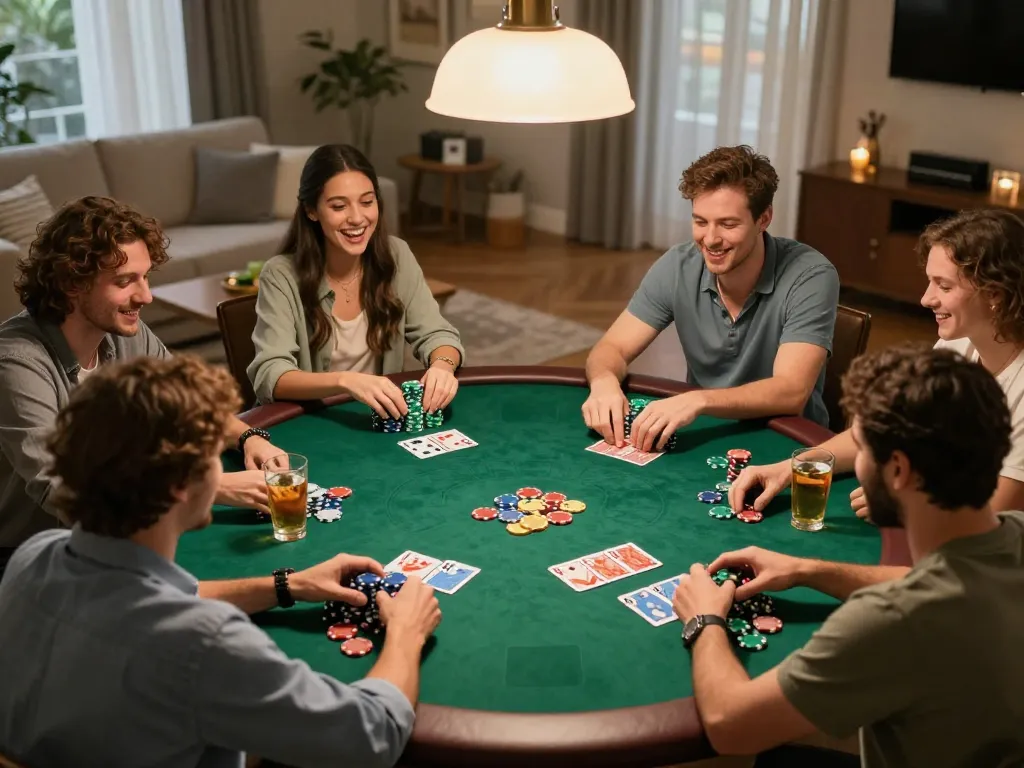 Friends enjoying a lively poker night at home with twin68-themed strategy and snacks.