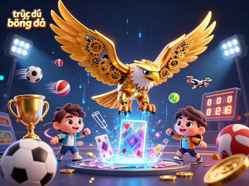 Experience trực tiếp bóng đá with a dynamic 3D illustration featuring sports elements and energy.