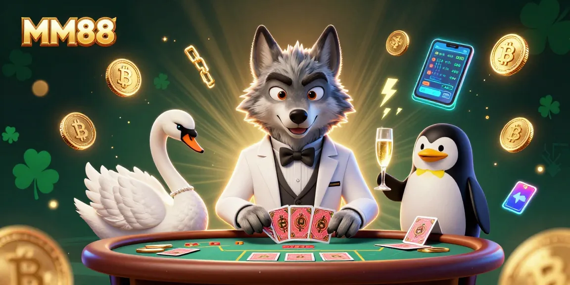 MM88 baccarat table scene with wolf, swan, and penguin showcasing casino excitement.
