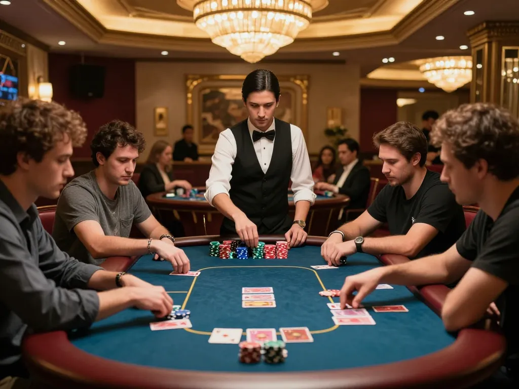 Twin68 players engaged in a strategic poker game at a luxurious casino table, showcasing intense action and focus.