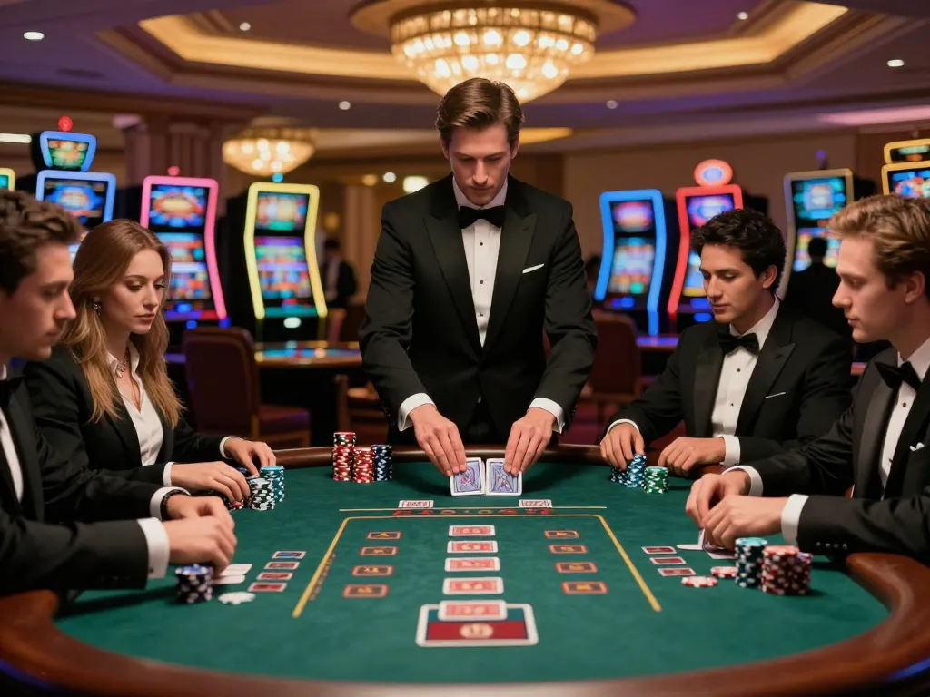 Players strategizing their next move at https://da88at.com/ blackjack table in an upscale casino.
