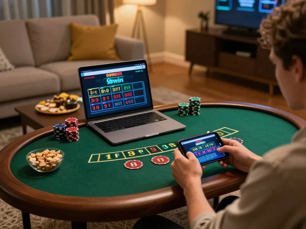 Player enjoying 98win mobile blackjack in a cozy home setting, showcasing strategic gameplay.