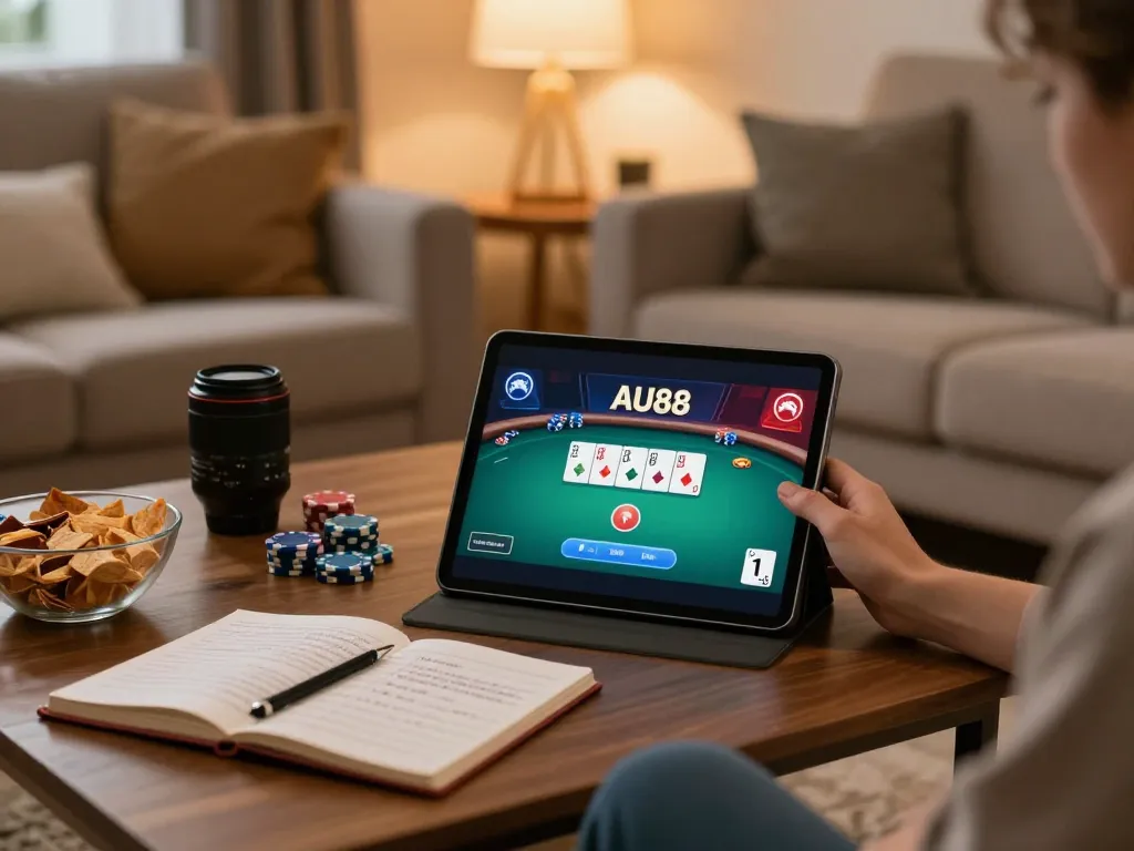 Engaging AU88 online gaming experience with a player using a tablet in a cozy living room.