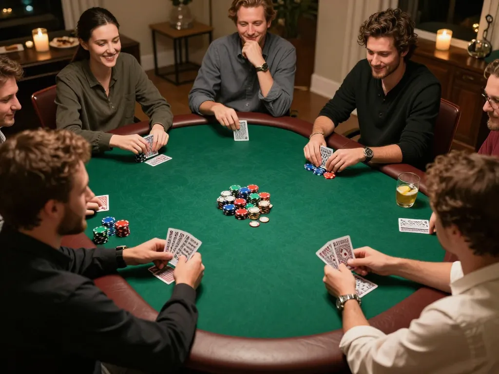 MM88 players strategizing during an exciting home poker game with cards and chips visible.
