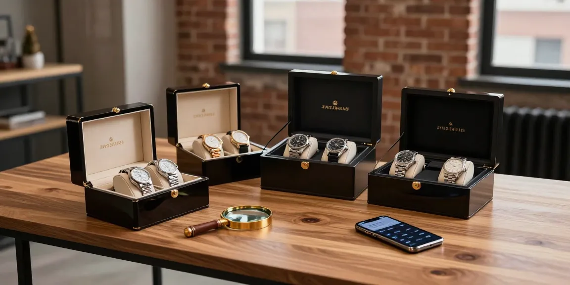 Showcase of premium replica watches on display table highlighting luxury craftsmanship.