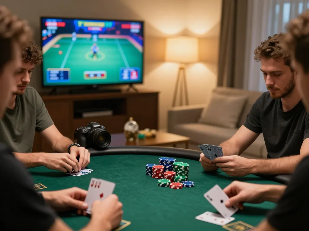 Players strategizing in an online poker game at home, showcasing excitement and skill on Website Rik88.