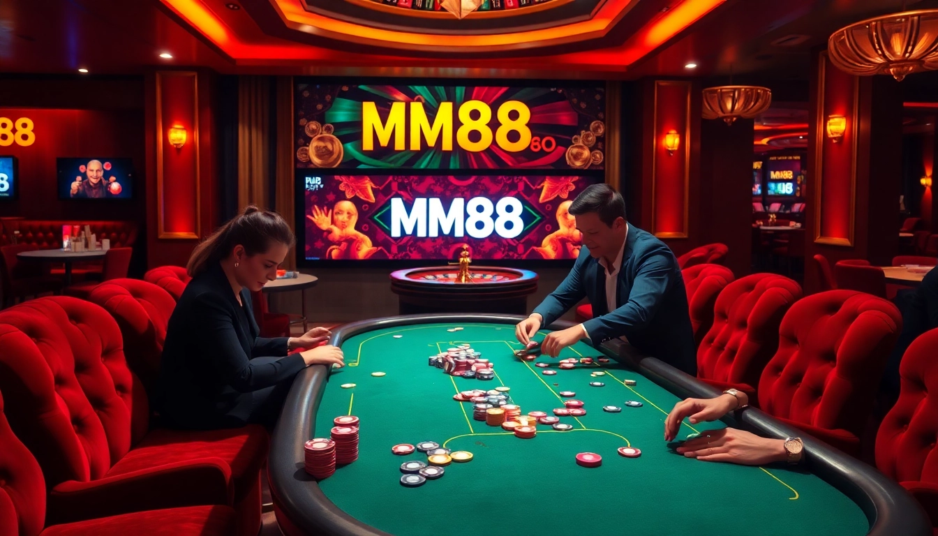 MM88 poker table with engaged players and colorful chips in an elegant casino setting.
