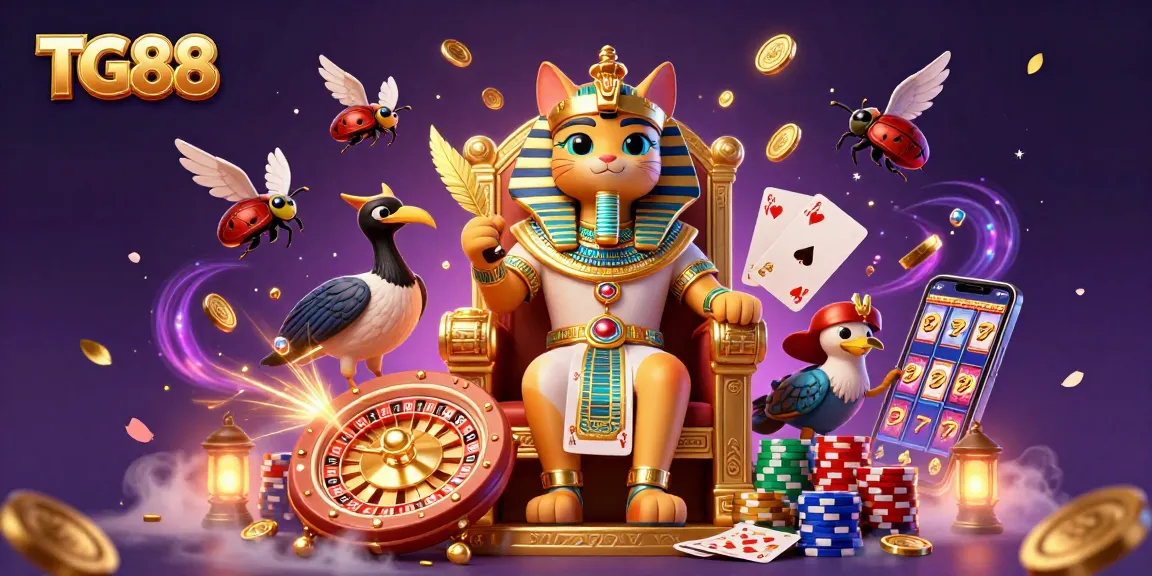 Experience the excitement of TG88's gaming world with a dazzling illustration of a pharaoh cat and casino elements.