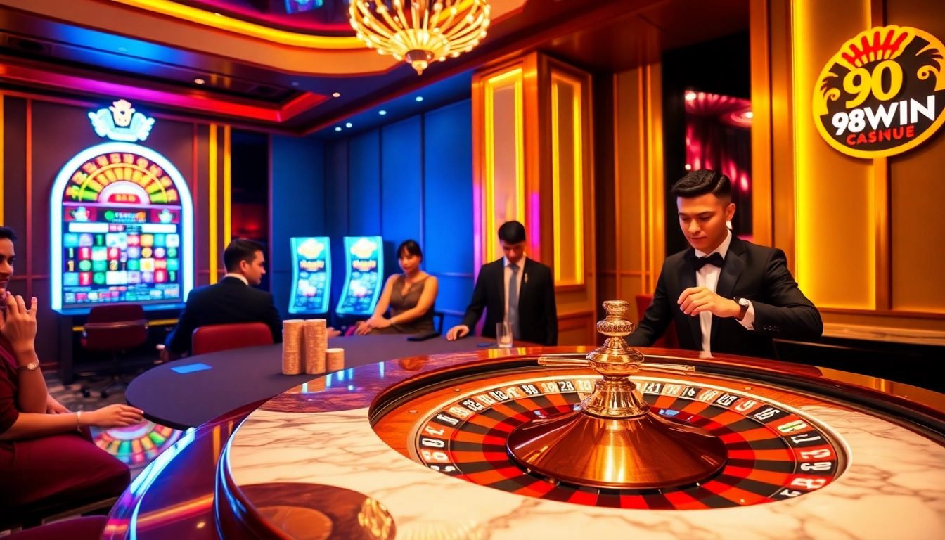 98WIN players celebrating a winning bet at an elegant casino with roulette and blackjack tables.