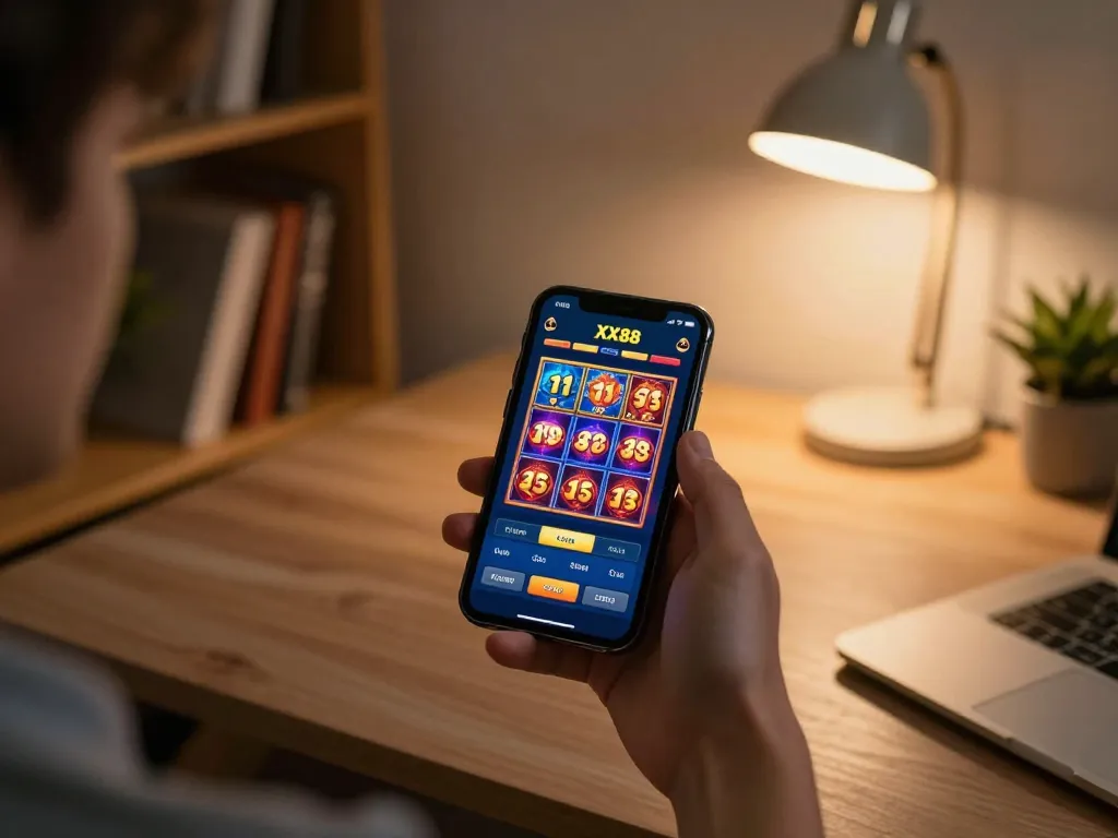 Player enjoying the XX88 casino app on a smartphone, showcasing live dealer games in a cozy home setting.