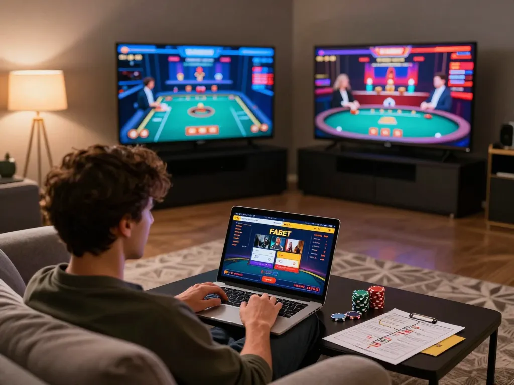 Player enjoying online gaming at FABET with cozy decor and vibrant interface.