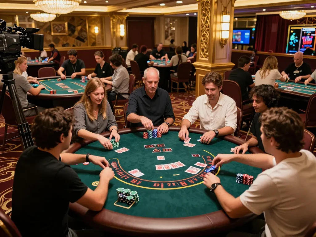 Engaged players at the luck8l casino, strategizing bets with colorful chips and cards in hand.