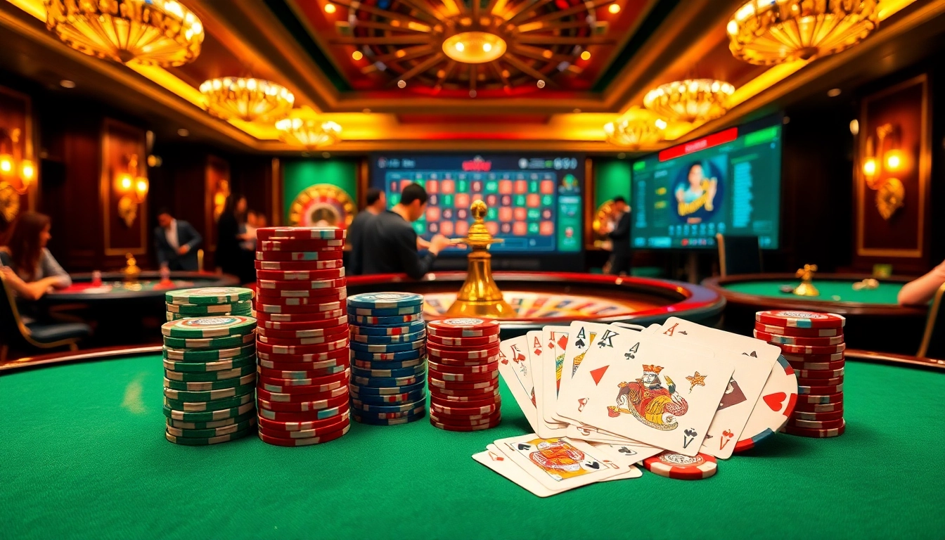A thrilling poker table setup at https://luck88.video/ featuring colorful chips, warm lighting, and a roulette wheel.