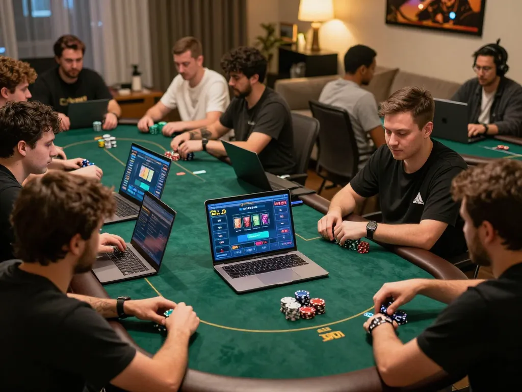 Players strategizing and engaging at an online poker game on 23win platform, showcasing an exciting home gambling atmosphere.