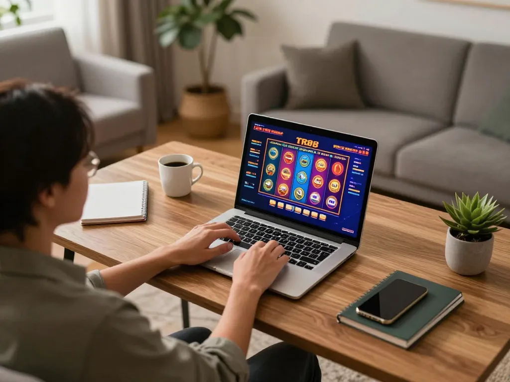 Engaging in TR88 online gaming with colorful slot machine visible on laptop screen in modern home setup.