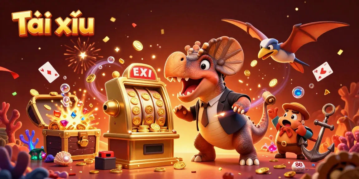 Tài xỉu game illustration featuring a dinosaur hitting a jackpot slot machine, showcasing animated excitement and coins.