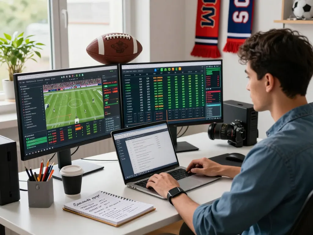 Dynamic sports betting analysis with keonhacai odds on multiple screens in modern home office.